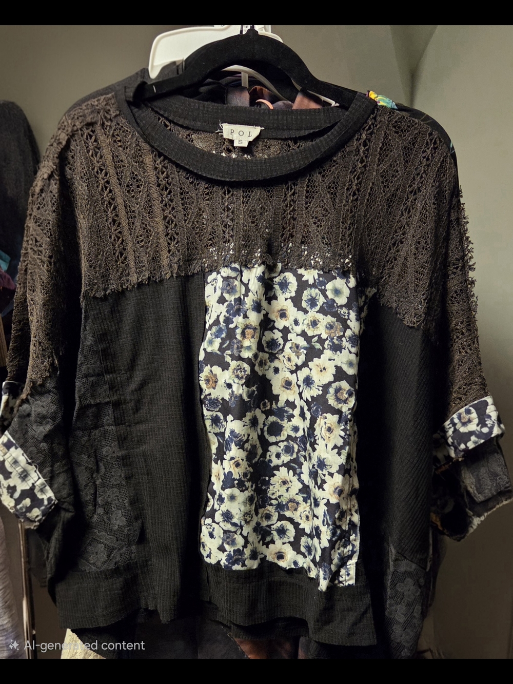 POL Black Lace-Yoke Tunic with Navy & White Floral Panel